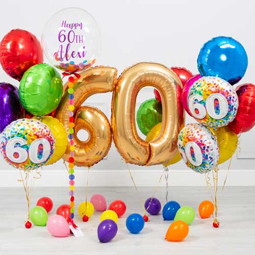 Personalized 60th Birthday Party Bubble Balloon with Colorful Balloon Bouquet