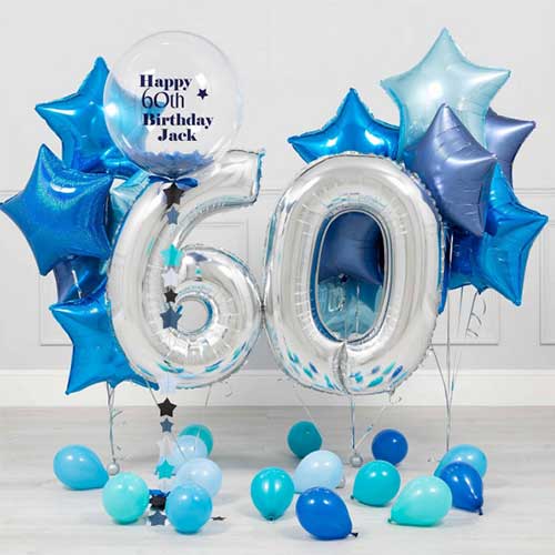 Personalised Bubble Balloon 60th Birthday Blue Star and Number Balloons Bunch