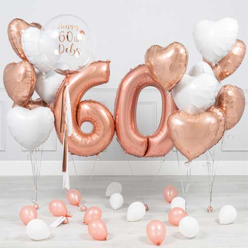 Personalized 60th Birthday Rose Gold Helium Balloon Bouquet
