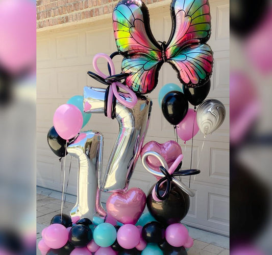 17th Birthday Butterfly Theme Cluster Balloon Bouquet