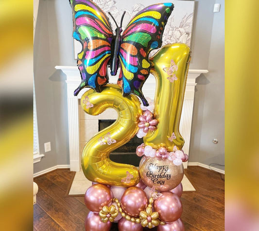21st Birthday Butterfly Theme HBD Personalized Chrome Cluster Balloon Bouquet