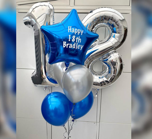 18th Birthday Blue And Silver Personalized Balloon Bouquet