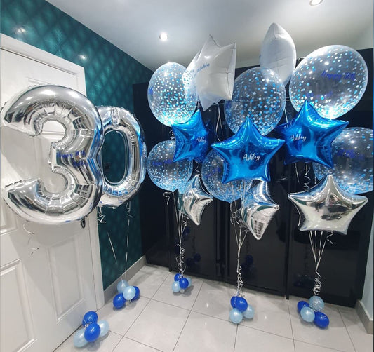 30th Birthday Blue And Silver Theme Star Balloon Bouquet