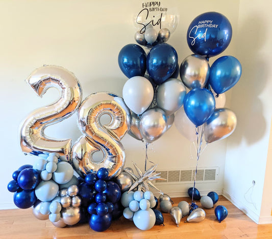 28th Birthday Personalized Bubble And ORBz Blue And Silver Theme Balloon Bouquet