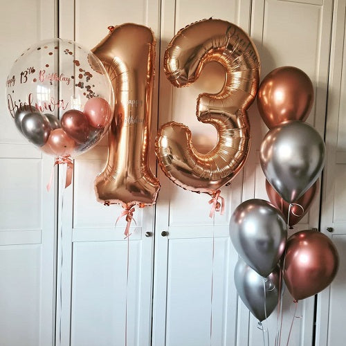 Gold Number With Bubble 13th Birthday Balloon Bouquet