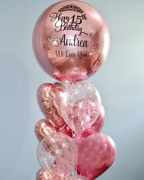 Personalised Jumbo Rose Gold ORBZ 15th Birthday Balloon Bouquet