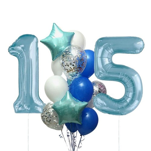 Pastel Blue Number Balloon 15th Birthday Balloon Bouquet
