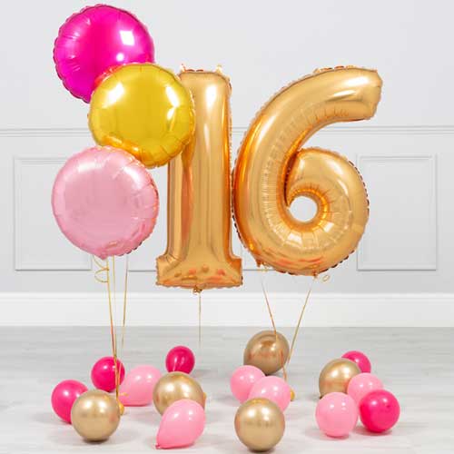 16th Birthday Party Gold Number Balloon Bouquet