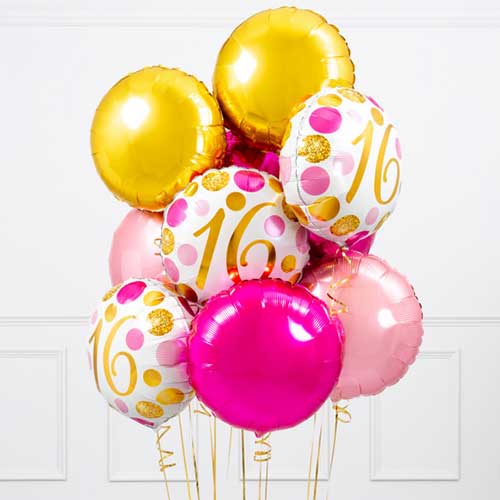 Sweet 16 Birthday Pink & Gold Foil Balloon Bunch