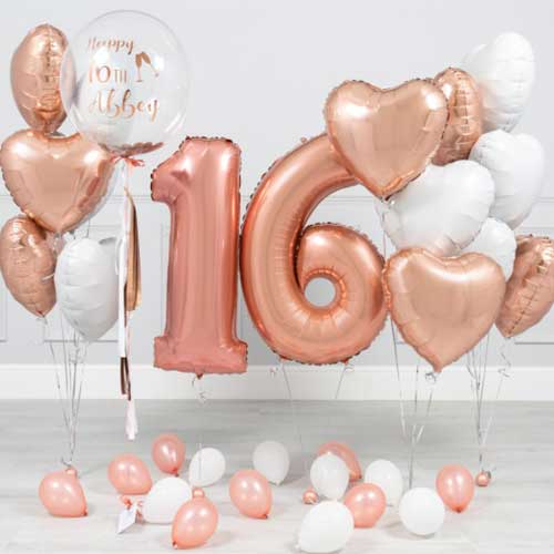 Personalised 16th Birthday Rose Gold Helium Balloon Bouquet-2