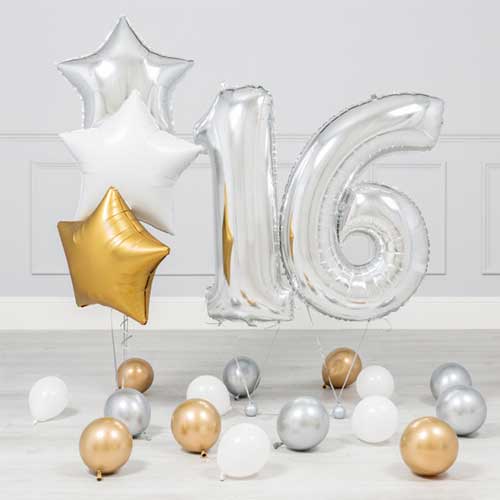 16th Birthday Party Inflated Silver Helium Balloon Bouquet