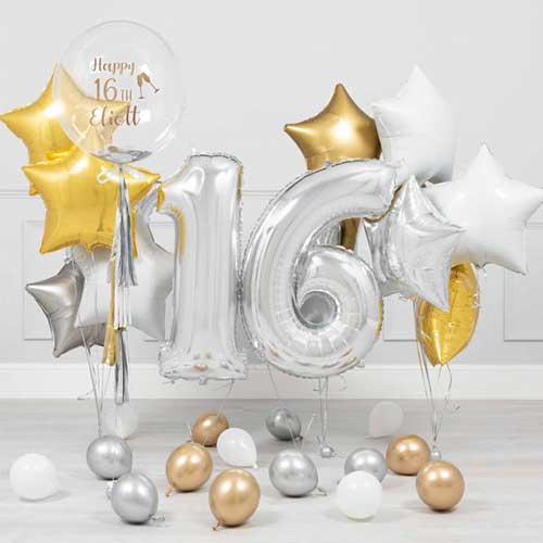 Personalised 16th Birthday Bubble Balloon With Gold Star Bouquet