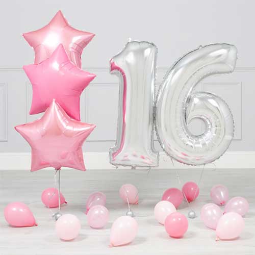 16th Birthday Rose Pink Silver Balloon Bouquet