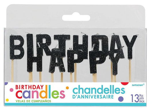 Party Balloon Glitter Black Happy Birthday Toothpick Candles