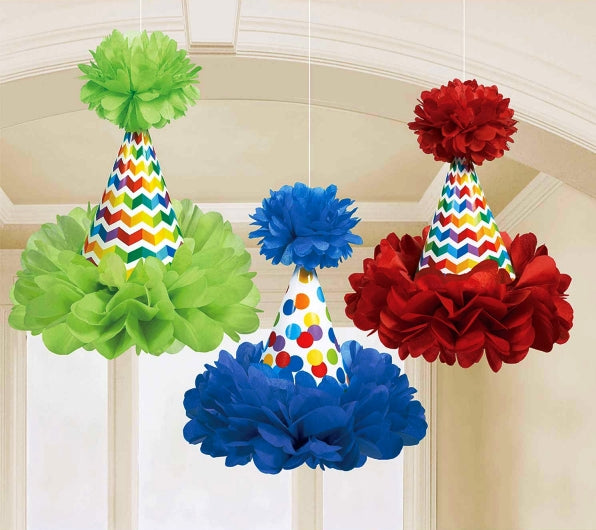 Party Balloons Bright Birthday Cone Hat Fluffy Decoration - 3Ct.