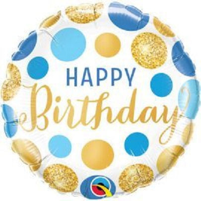 Happy Birthday  Gold Blue Dots 18" Foil Balloon 