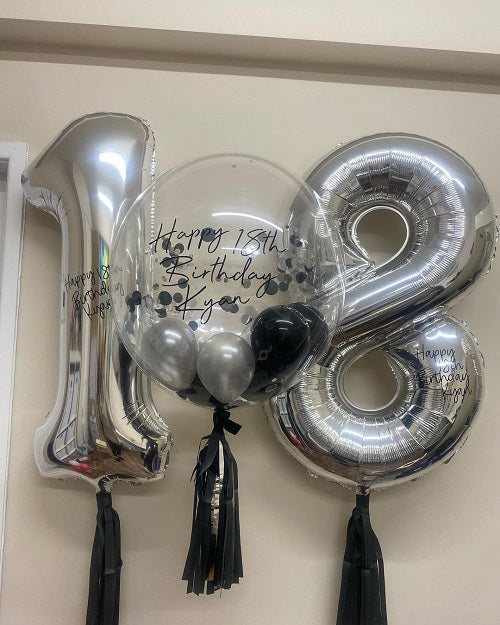 Personalized Bubble Balloon, Silver & Black 18th Birthday Balloon Bouquet