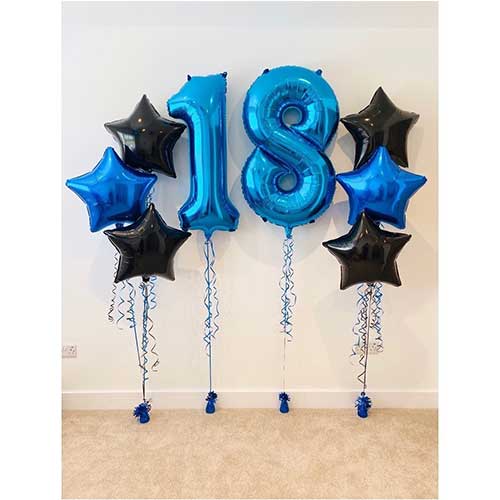 Party Balloons 18th Birthday Blue & Black Stars With Number Balloon Bouquet