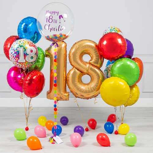 Personalized 18th Birthday Party Bubble Balloon with Colorful Balloon Bouquet