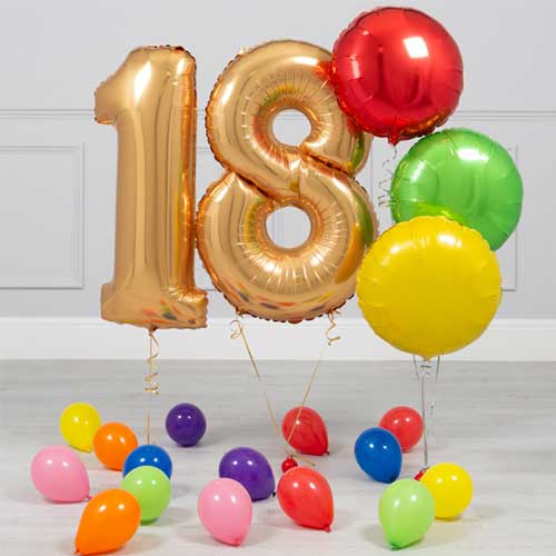 Giant Gold Number 18th Birthday Colourful Balloon Bouquet