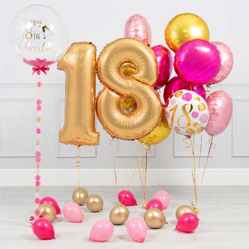 Personalized 18th Birthday Bubble With Golden Number Balloon Bouquet