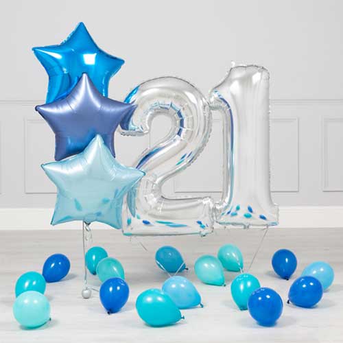 21st Birthday Blue Star and Number Balloons Bunch