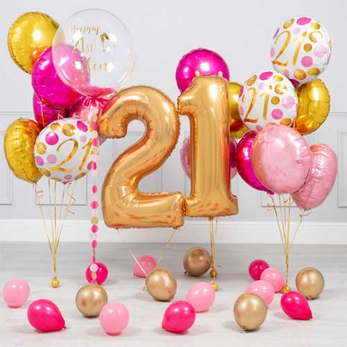Personalized 21st Birthday Bubble With Golden Number Balloon Bouquet
