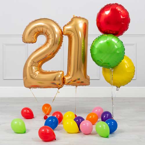 Giant Gold Number 21st Birthday Colourful Balloon Bouquet