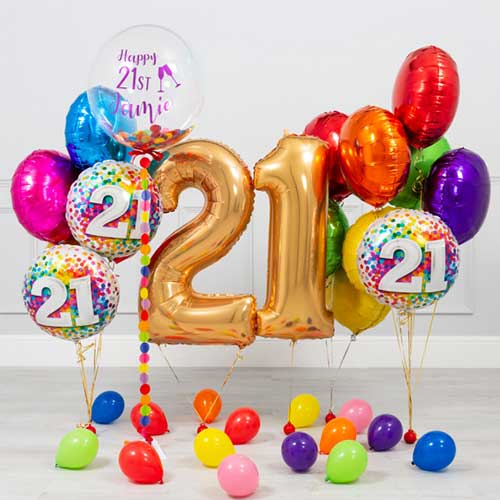 Personalized 21st Birthday Party Bubble Balloon with Colorful Balloon Bouquet