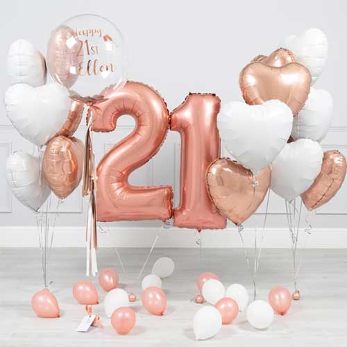 Personalized 21st Birthday Rose Gold Helium Balloon Bouquet