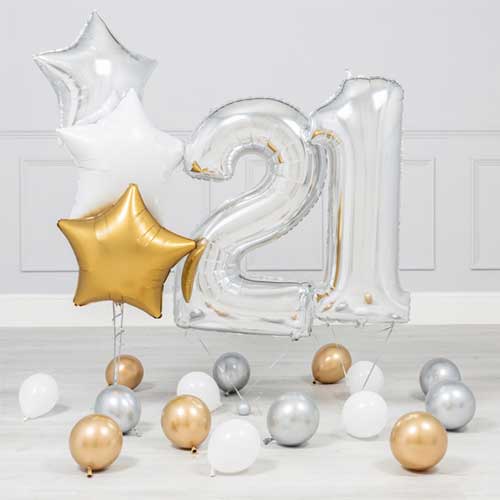 21st Birthday Party Inflated Silver Helium Balloon Bouquet