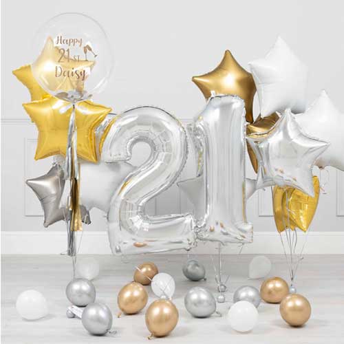 Personalized 21st Birthday Bubble Balloon With Gold Star Bouquet