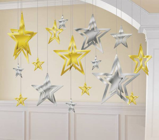 Party Balloon Hanging Stars, 3D Gold and Silver