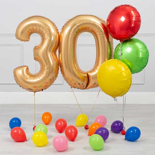 Giant Gold Number 30th Birthday Colourful Balloon Bouquet