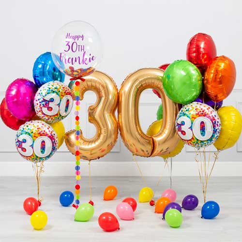 Personalized 30th Birthday Party Bubble Balloon with Colorful Balloon Bouquet