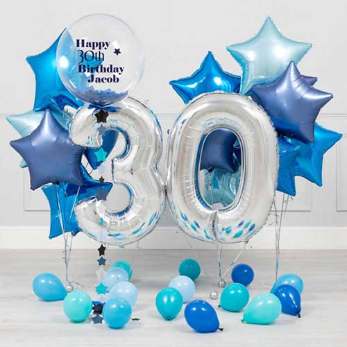 Personalised Bubble Balloon 30th Birthday Blue Star and Number Balloons Bunch