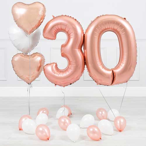 30th Birthday Rose Gold Helium Balloon Bouquet