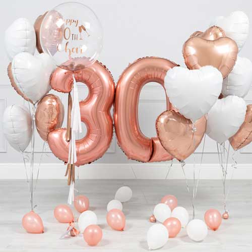 Personalised 30th Birthday Rose Gold Helium Balloon Bouquet-2