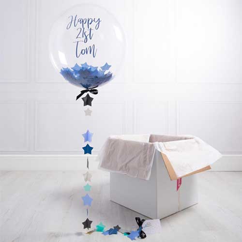Personalized 30th Birthday Bubble Balloon With Blue Star Confetti Bouquet