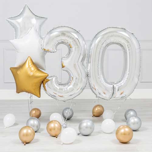 30th Birthday Party Inflated Silver Helium Balloon Bouquet