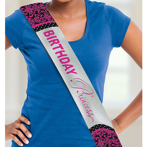 Party Balloon Birthday Princess Sash Black &amp; Pink