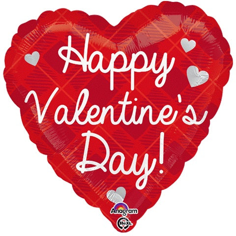Party Balloons 18" Happy Valentine Day Plaid &amp; Silver Hearts S40 1Ct.