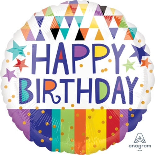 Party Balloon 18CI Hx Bday Triangles, Stripes &amp; Strs S40