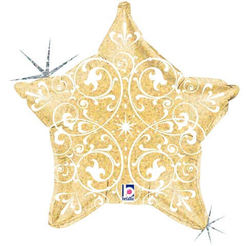 Party Balloon Filigree Gold Star Foil Balloon 21" Holographic Balloon 