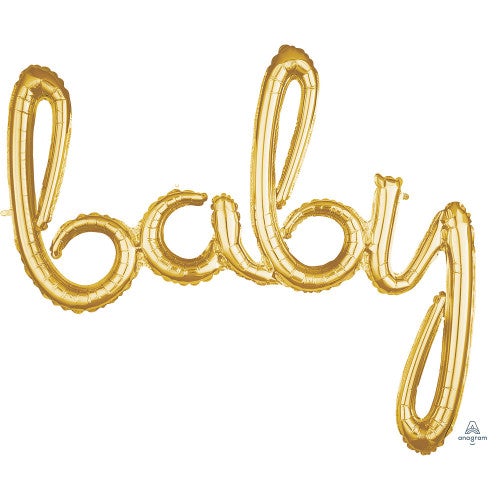 Air-Filled Gold Baby Cursive Letter Balloon Banner 39in x 33in