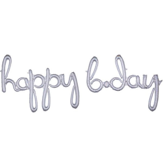 Air-Filled Silver Happy B-Day Cursive Letter Balloon Banners 2ct