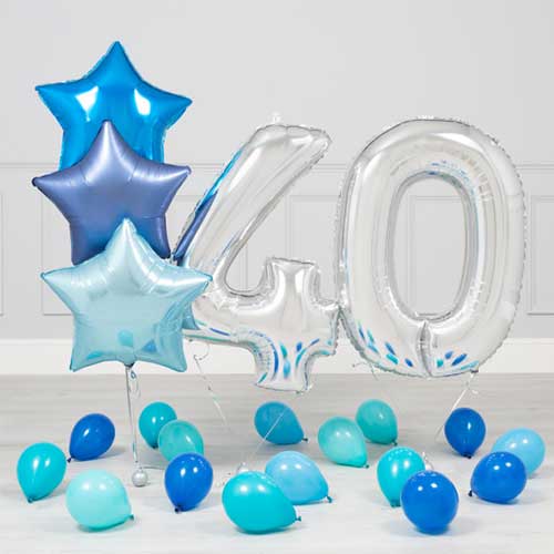 40th Birthday Blue Star and Number Balloons Bunch
