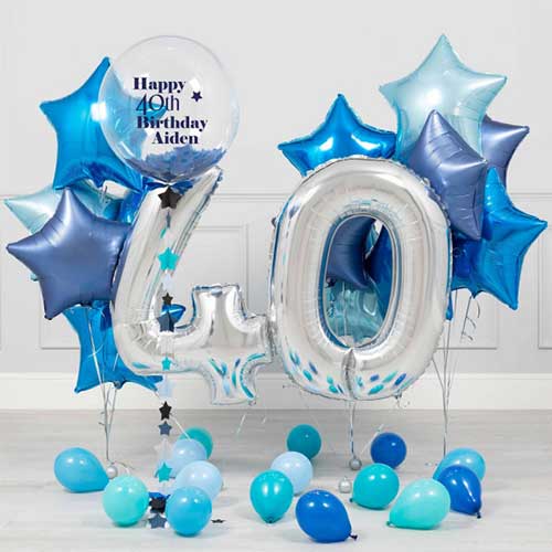 Personalised Bubble Balloon 40th Birthday Blue Star and Number Balloons Bunch