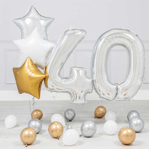40th Birthday Party Inflated Silver Helium Balloon Bouquet
