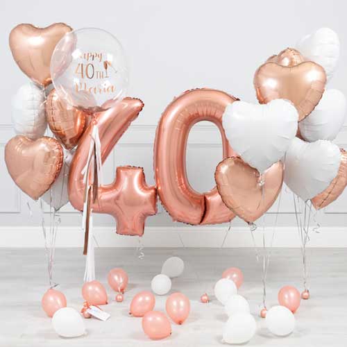 Personalized 40th Birthday Rose Gold Helium Balloon Bouquet